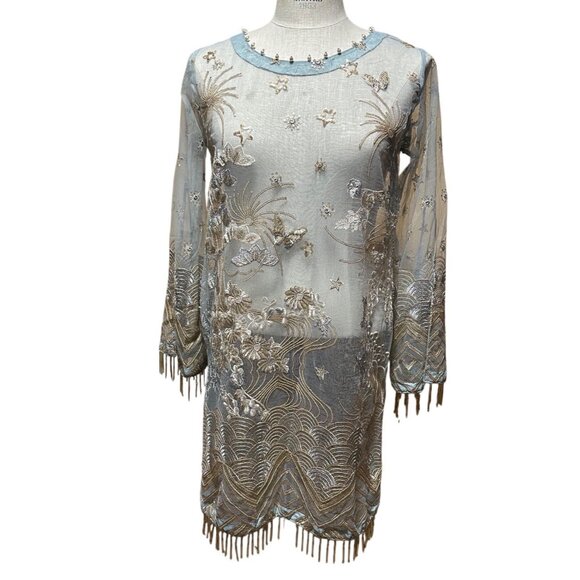 Anum Jung Blue Embroidered Beaded Kurta Unlined Tunic Blouse M - Picture 2 of 10